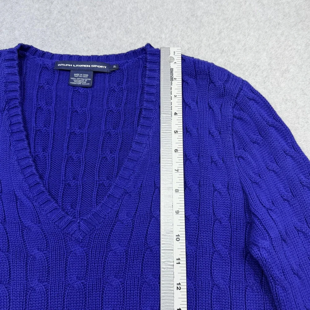 Ralph Lauren Sport Sweater Womens XL Blue Cotton Cable Knit V Neck Pullover